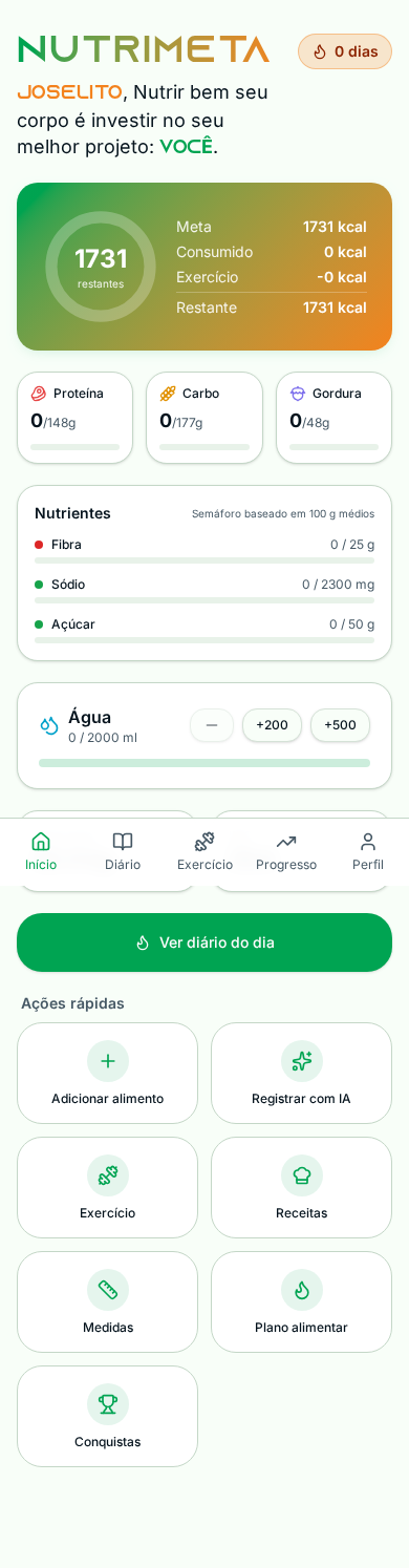Dashboard do NutriMeta no celular